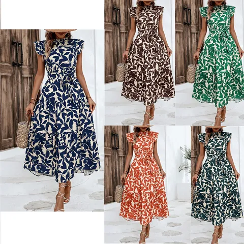 Vestido Largo de Verano para Mujer Estampado de Hojas Manga de Aleteo Cuello Alto Ribete de Volantes Lazada Falda Escalonada Bohemio