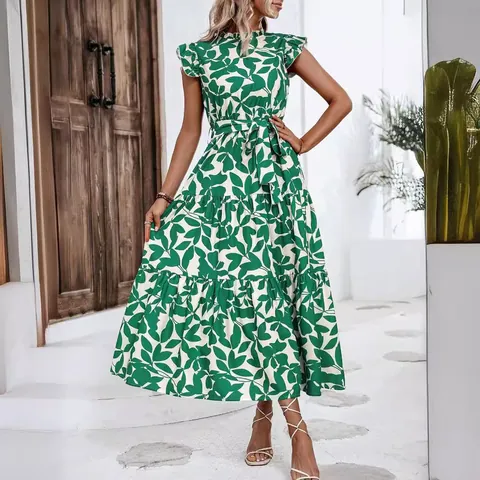 Vestido Largo de Verano para Mujer Estampado de Hojas Manga de Aleteo Cuello Alto Ribete de Volantes Lazada Falda Escalonada Bohemio