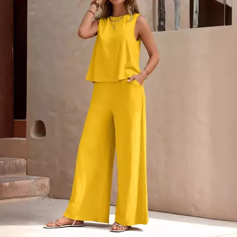 Women Casual Cotton Two-Piece Set Sleeveless Crewneck Pullover Top And Wide Leg Pants Streetwear Fashion Summer Outfit