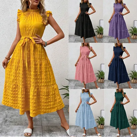 Women Summer Polyester Midi Dress Fashion Ruffle Flutter Sleeve Tie Waist Texture Tiered Skirt Casual Vacation Long Dress