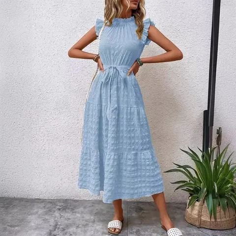 Women Summer Polyester Midi Dress Fashion Ruffle Flutter Sleeve Tie Waist Texture Tiered Skirt Casual Vacation Long Dress