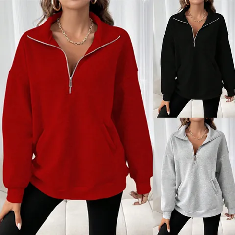 Sweatshirt Décontracté à Col Zippé Pour Femmes Couleur Unie Manches Longues Haut Pull Ample Avec Poches