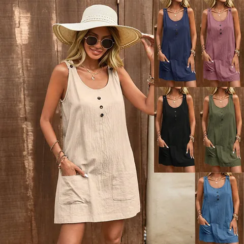 Women's Casual Cotton U-Neck Sleeveless Midi Dress Solid Color Tank Sundress With Pockets Summer Western Style Straight Dress