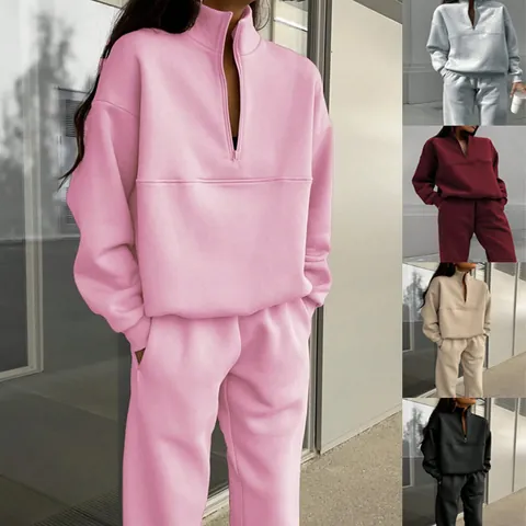 Women Two-Piece Casual Tracksuit Set Polyester Lapel Half Zipper Hoodie And Sweatpants Top And Bottom Fall Winter Sporty Outfits