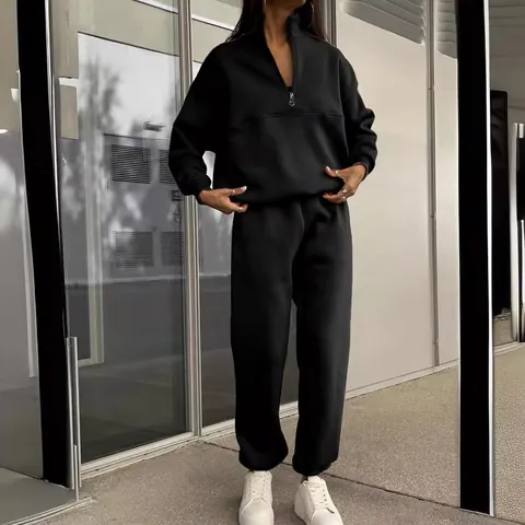 Women Two-Piece Casual Tracksuit Set Polyester Lapel Half Zipper Hoodie And Sweatpants Top And Bottom Fall Winter Sporty Outfits