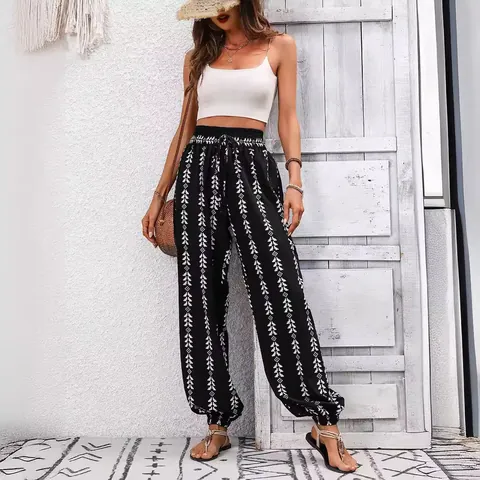 Women Bohemian Printed Harem Pants High Waisted Smocked Elastic Drawstring Waist Loose Casual Trousers With Geometric Pattern