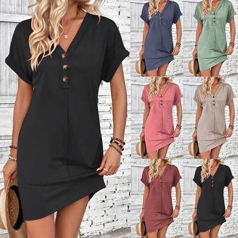 Women V Neck Button Decoration Dress Casual Solid Color Cuffed Short Sleeve Knitted Summer Beach Sundress Fashion Midi Dress