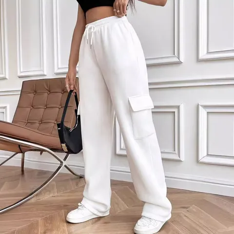 Women Casual Solid Color Wide Leg Cargo Sweatpants High Waist Drawstring Straight Leg Trousers Side Pocket Bottom Fashion