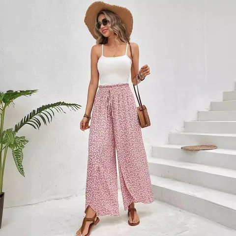Women Summer Floral Side Slit Wide Leg Culottes High Waist Elastic Drawstring Printed Boho Vacation Beach Bottoms