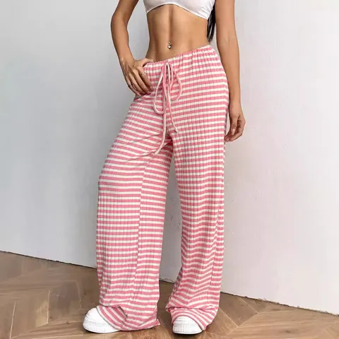 Women's Casual Striped Cotton Blend Straight Wide Leg Pants Drawstring Elastic Waist Spring Autumn Loose Trousers