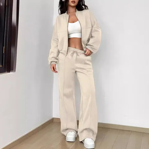 Women Casual Polyester Zip Up Hoodie Top And Bottom Sweatshirt Loose Hooded Outerwear Wide Leg Pants Jogger Lounge Wear
