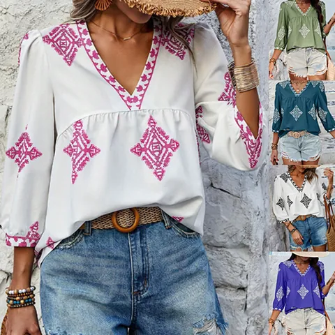 Damen Casual V-Ausschnitt Dreiviertelarm Top Böhmischer Geometrischer Druck Oversize T-Shirt Polyester Sommer Urlaub Bluse