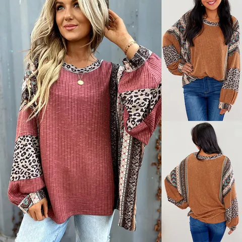 Women Casual Color Block Leopard Print Sweatshirt Bohemian Patchwork Round Neck Loose Long Sleeve Top Polyester Pullover