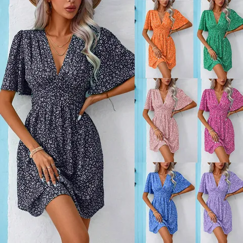 Women Summer V-Neck Floral Print Pleated Dress Half Sleeve High Waist A-Line European Streetwear Casual Mini Dress