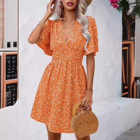 Women Summer V-Neck Floral Print Pleated Dress Half Sleeve High Waist A-Line European Streetwear Casual Mini Dress