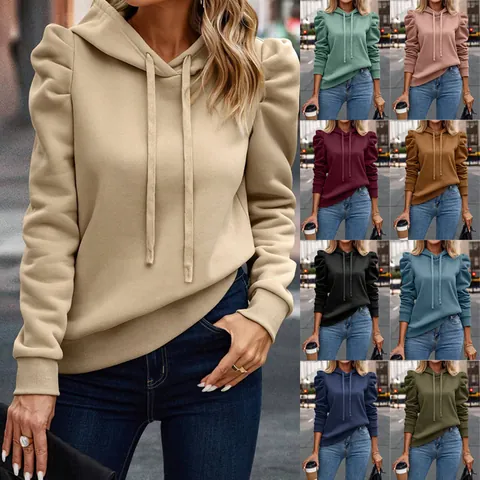 Women Fashion Polyester Puff Sleeve Hooded Hoodie Casual Solid Color Long Sleeve Printed Top For Autumn Winter Streetwear