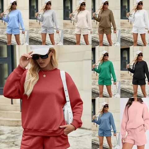 Women Casual Solid Color Round Neck Long Sleeve Sweatshirt And Shorts Top And Bottom Loose Pocket Lounge Tracksuit