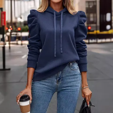 Women Fashion Polyester Puff Sleeve Hooded Hoodie Casual Solid Color Long Sleeve Printed Top For Autumn Winter Streetwear