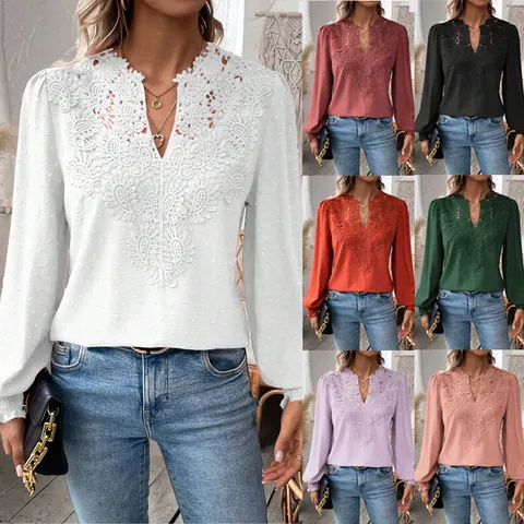 Women Elegant V Neck Lace Trim Long Sleeve Top Swiss Dot Embroidered Polyester Casual T-Shirt Solid Color Fashion Blouse
