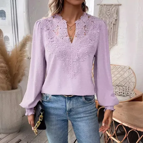 Women Elegant V Neck Lace Trim Long Sleeve Top Swiss Dot Embroidered Polyester Casual T-Shirt Solid Color Fashion Blouse