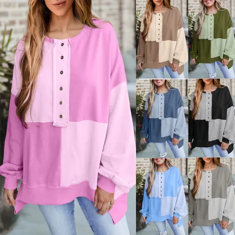 Women Casual Patchwork Contrast Color Long Sleeve Sweatshirt Lapel Half Button Loose Pullover Top Autumn Winter Streetwear Polyester