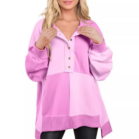 Women Casual Patchwork Contrast Color Long Sleeve Sweatshirt Lapel Half Button Loose Pullover Top Autumn Winter Streetwear Polyester