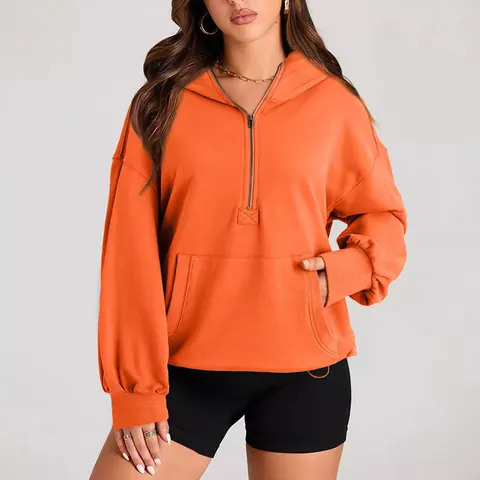 Women's Casual Solid Color Long Sleeve Quarter-Zip Hoodie Loose Hooded Sweatshirt With Pouch Pocket Autumn Winter Top
