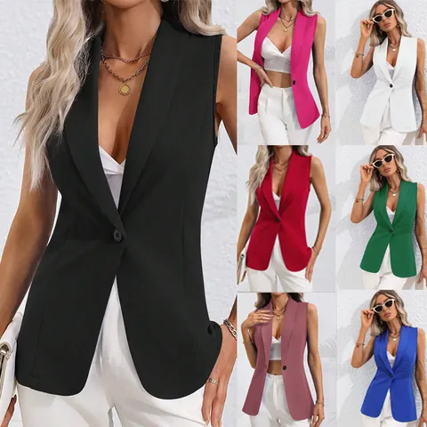 Women's Sleeveless Shawl Collar Blazer Vest Single Button Slim Fit Casual Office Cardigan Jacket Solid Color Polyester Outerwear