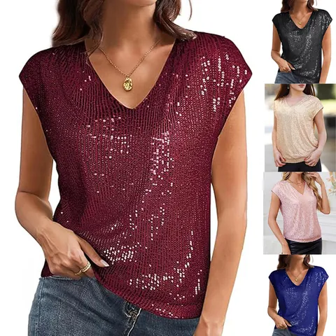 Top de Mujer Sexy con Cuello en V y Lentejuelas Brillantes Ajustado Mangas Raglán Glitter Blusa Camiseta de Fiesta Banquete