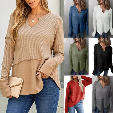 Women Waffle Knit Patchwork Sweatshirt Long Sleeve V Neck Loose Fit Casual Top Polyester Spandex Fall Winter Fashion Top