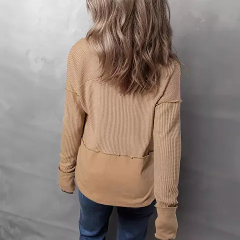 Women Waffle Knit Patchwork Sweatshirt Long Sleeve V Neck Loose Fit Casual Top Polyester Spandex Fall Winter Fashion Top