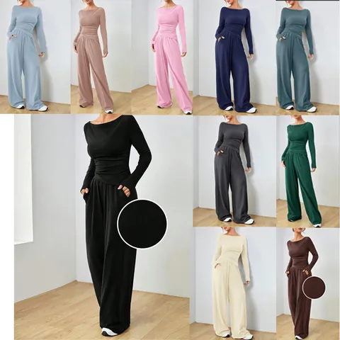 Completo Casual da Donna a Due Pezzi Tinta Unita Top And Pantaloni a Gamba Larga Lounge Set Streetwear Tuta