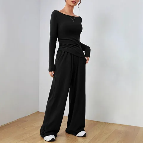 Completo Casual da Donna a Due Pezzi Tinta Unita Top And Pantaloni a Gamba Larga Lounge Set Streetwear Tuta