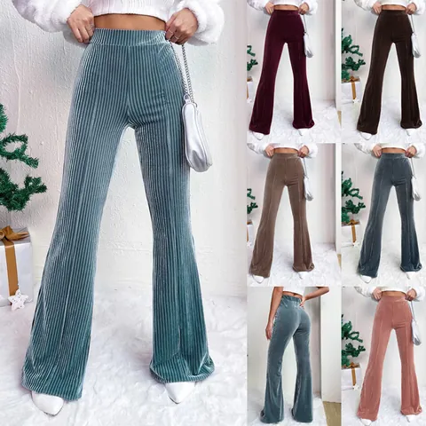 Women High Waist Corduroy Flare Pants Solid Color Wide Leg Trousers Autumn Winter Casual Streetwear Ribbed Bell Bottoms Polyester Spandex