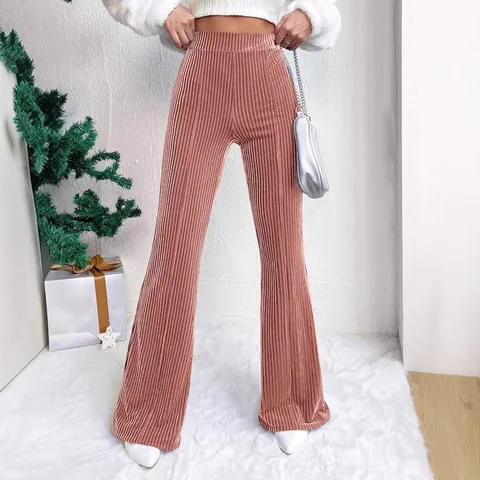 Women High Waist Corduroy Flare Pants Solid Color Wide Leg Trousers Autumn Winter Casual Streetwear Ribbed Bell Bottoms Polyester Spandex