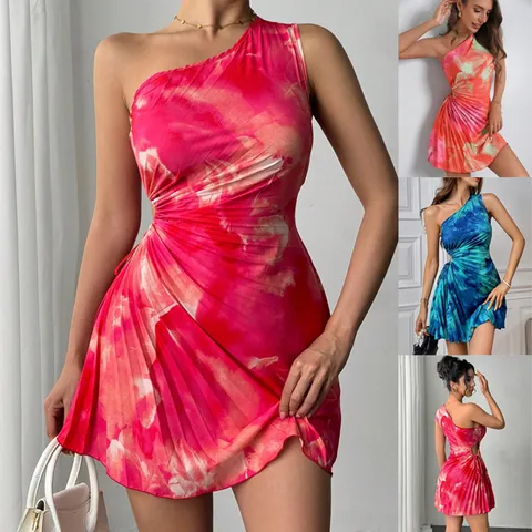 Women Sexy One-shoulder Tie-dye Printed Pleated Mini Dress Slim Fit Bodycon Summer Party Dress For Lady