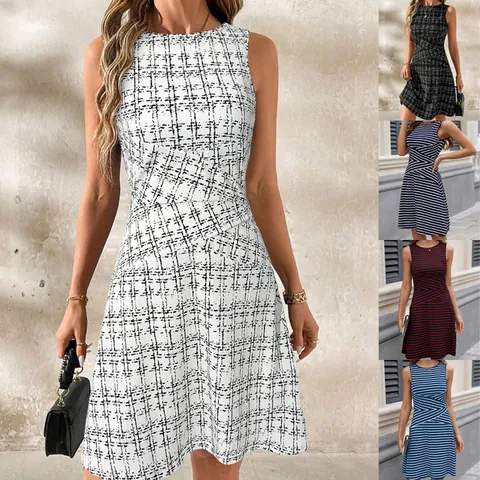 Women's Round Neck Sleeveless Ruched Midi Dress Plaid Striped Printed Slim Fit Summer Casual Streetwear Polyester Clothing
