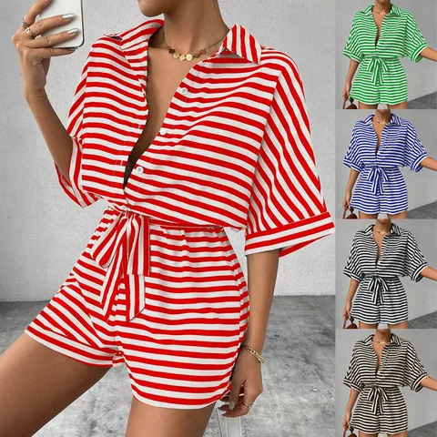 Women Striped Romper Lapel V-Neck Half Sleeve Button Jumpsuit With Belt Casual Summer Polyester Spandex Short Jumpsuit