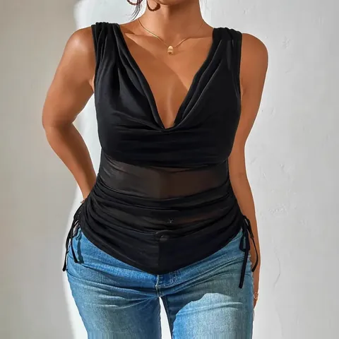 Women Sexy V Neck Sleeveless Cropped Top Ruched Side Drawstring Cowl Neck Tank Top Solid Color Slim Fit Streetwear Top