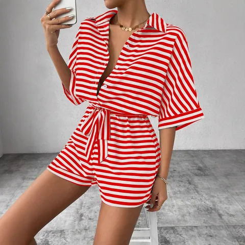 Women Striped Romper Lapel V-Neck Half Sleeve Button Jumpsuit With Belt Casual Summer Polyester Spandex Short Jumpsuit