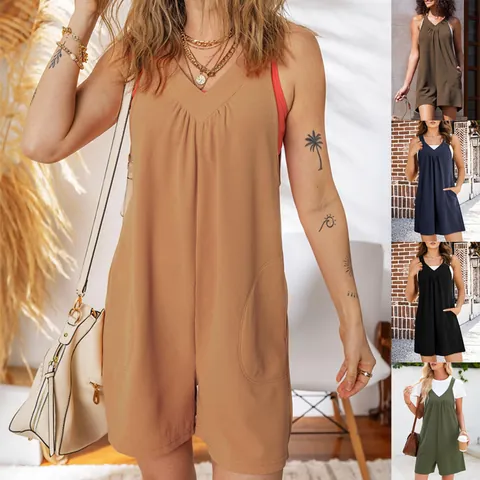 Women's Casual Waffle Knit Sleeveless Romper V-Neck Solid Color Stitched Jumpsuit With Pockets Loose Short Overall Top And Bottom