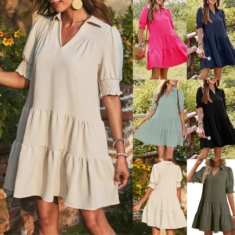 Women V Neck Tiered Ruffle Dress Short Cap Sleeve Solid Color Casual Loose Mini Sun Dress Summer Vacation Outfit