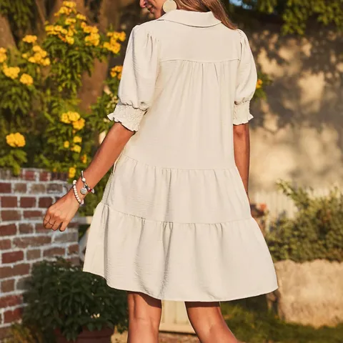 Women V Neck Tiered Ruffle Dress Short Cap Sleeve Solid Color Casual Loose Mini Sun Dress Summer Vacation Outfit