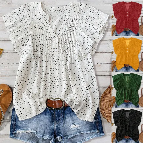 Women Casual Polka Dot Chiffon Blouse V Neck Princess Short Sleeve Top European Fashion Summer Vacation Pleated Shirt