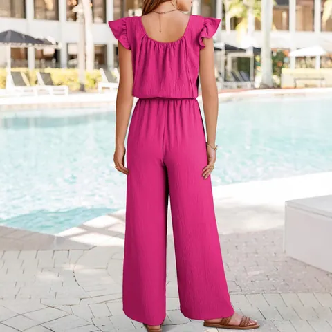 Women Solid Color Pleated Jumpsuit Square Neck Ruffle Sleeveless Jumpsuit With Pockets Drawstring Wide Leg Top And Bottom