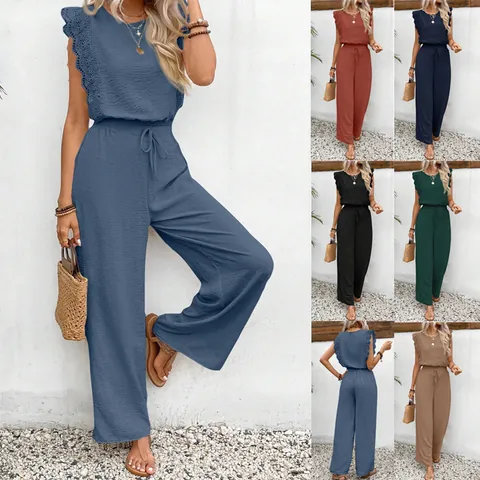 Conjunto Casual de Top y Pantalón para Mujer Poliéster Plisado Encaje Top Sin Mangas Pantalón de Pierna Ancha Verano