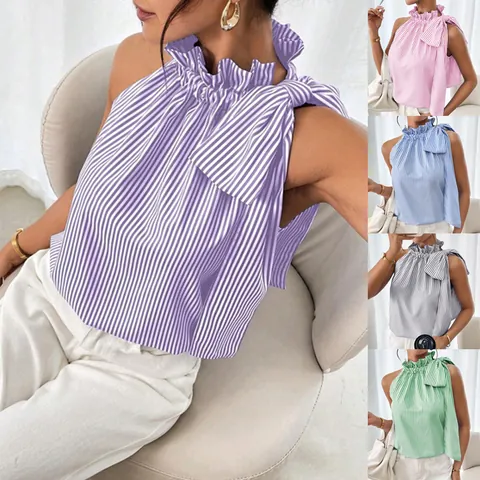 Top de Rayas Sin Mangas para Mujer Moda Cuello Alto con Volantes Lazo Poliéster Camiseta Casual Camiseta de Tirantes Verano