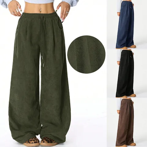 Women High Waist Wide Leg Pants Casual Drawstring Corduroy Textured Lounge Trousers Drape Loose Fit Polyester Spandex Bottoms