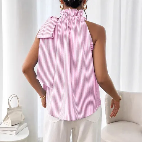 Top de Rayas Sin Mangas para Mujer Moda Cuello Alto con Volantes Lazo Poliéster Camiseta Casual Camiseta de Tirantes Verano