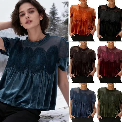 Women Fashion Mesh Embroidery Lace Round Neck Velvet Top Loose Short Sleeve Casual Solid Color Pullover Blouse